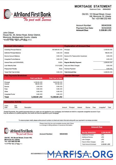 Realistic Liberia Afriland First Bank Liberia mortgage statement Word and PDF template